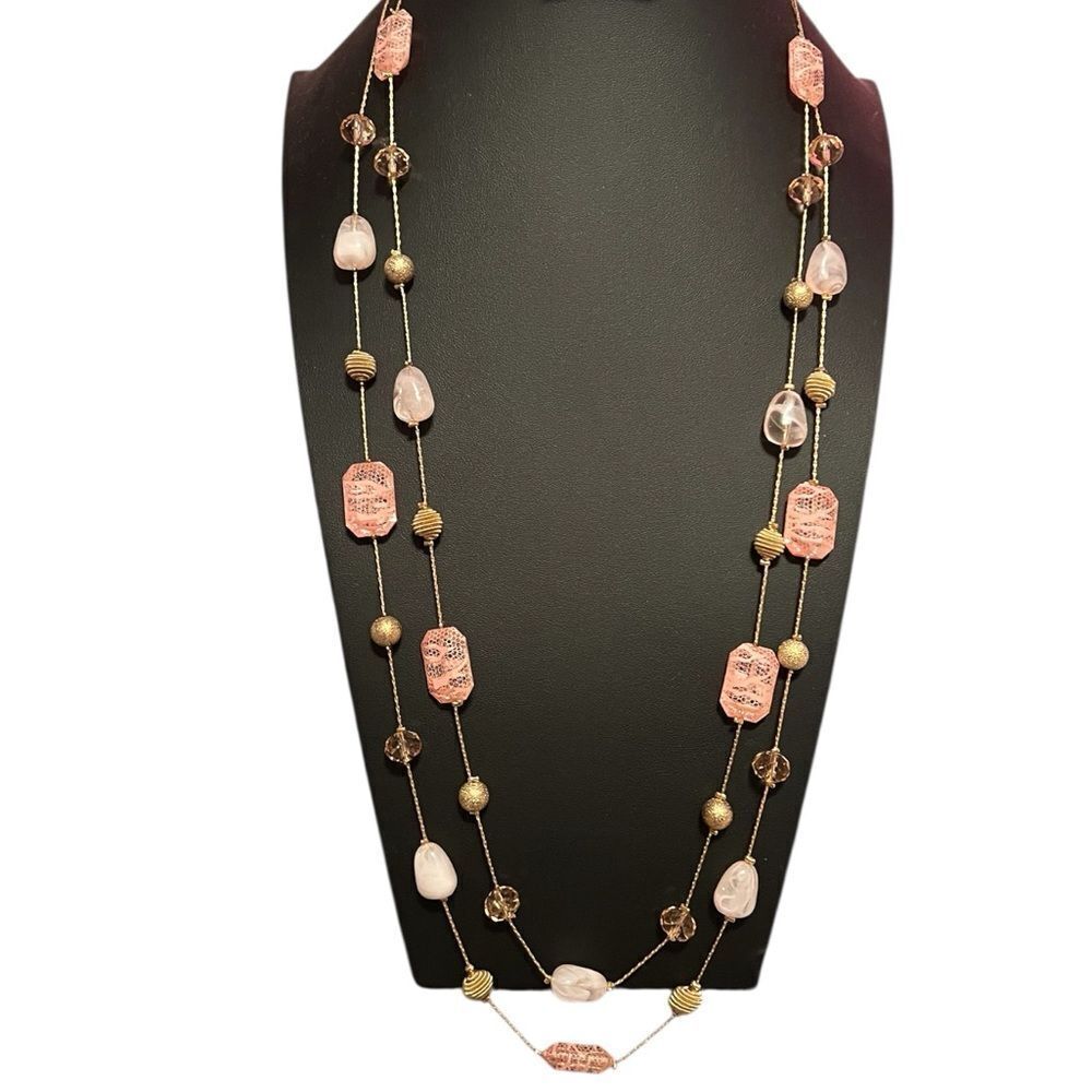 Noir Elegant Pink and Gold Beaded Double Stranded Long Necklace